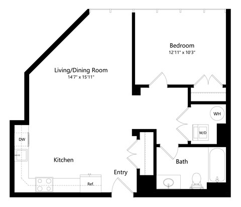 a floor plan of a living room with a bedroom and a kitchen